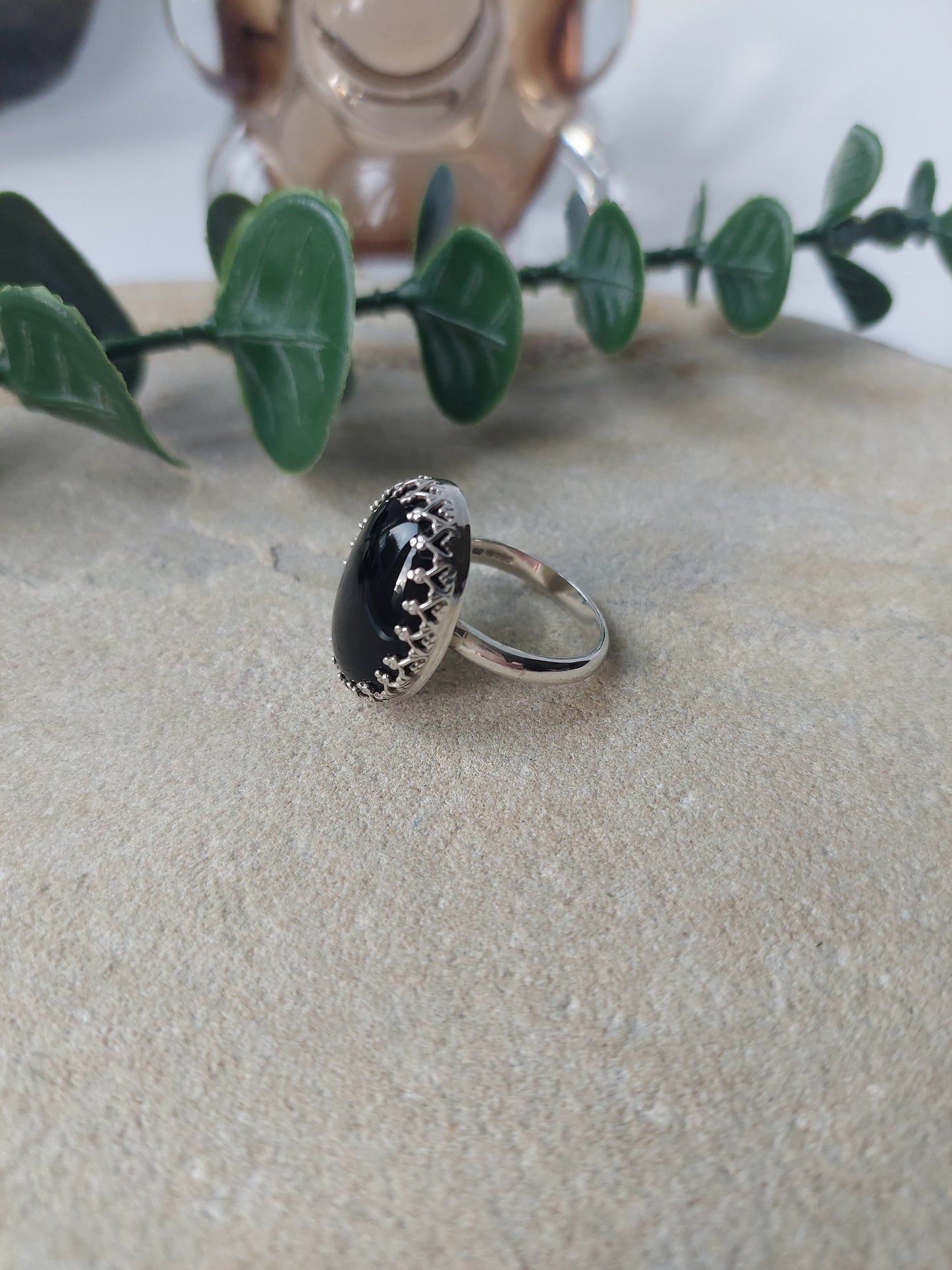 Fancy Set Black Onyx And Sterling Silver Dress Ring. UK size N 1/2