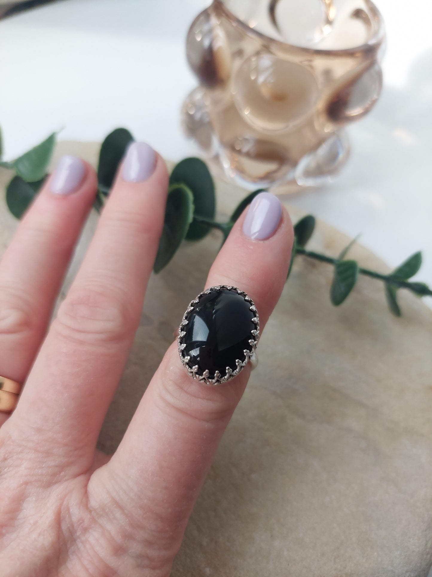 Fancy Set Black Onyx And Sterling Silver Dress Ring. UK size N 1/2