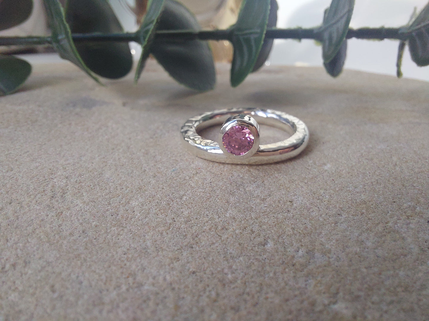 Contemporary Pink Crystal Stone Band Ring - UK Size K.