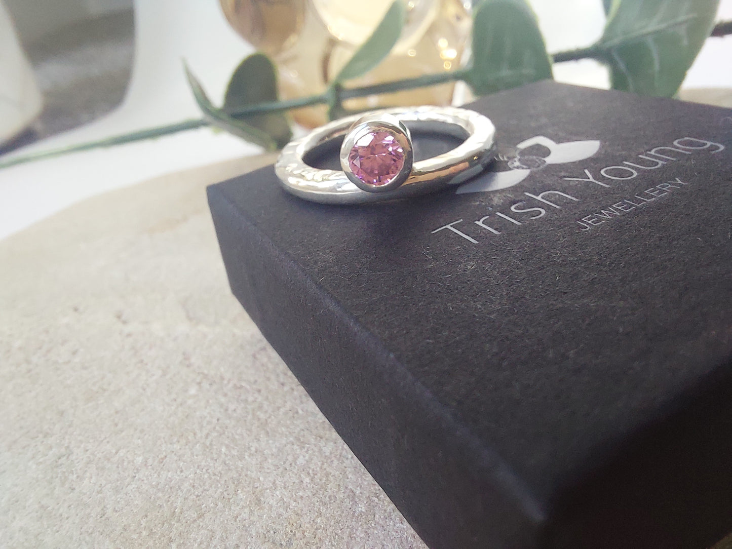 Contemporary Pink Crystal Stone Band Ring - UK Size K.