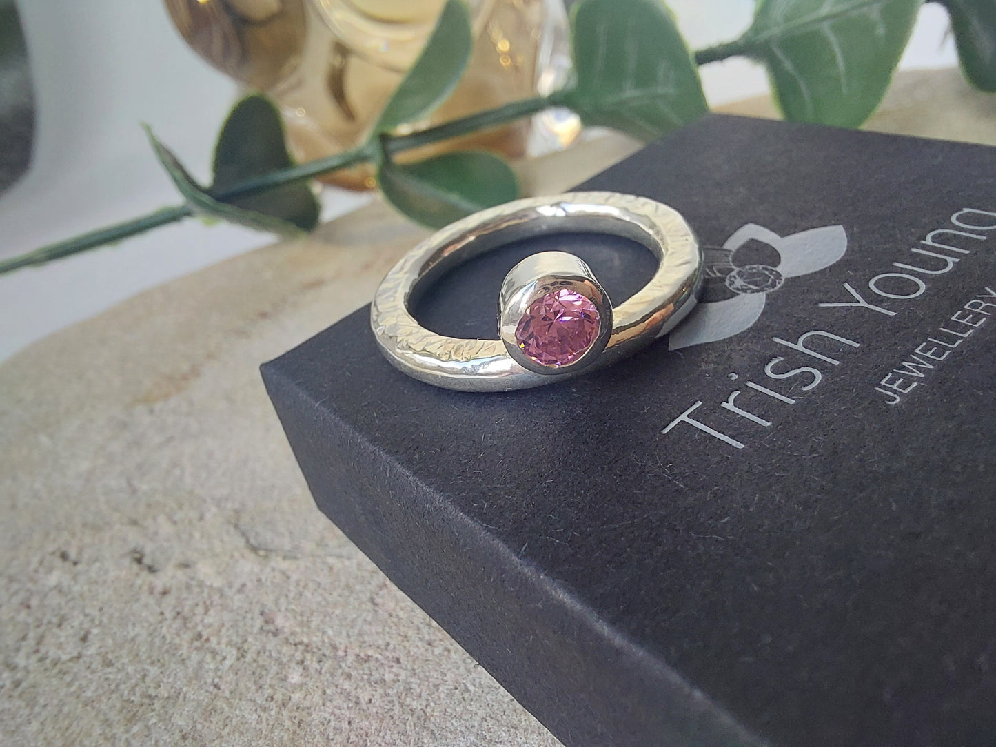 Contemporary Pink Crystal Stone Band Ring - UK Size K.