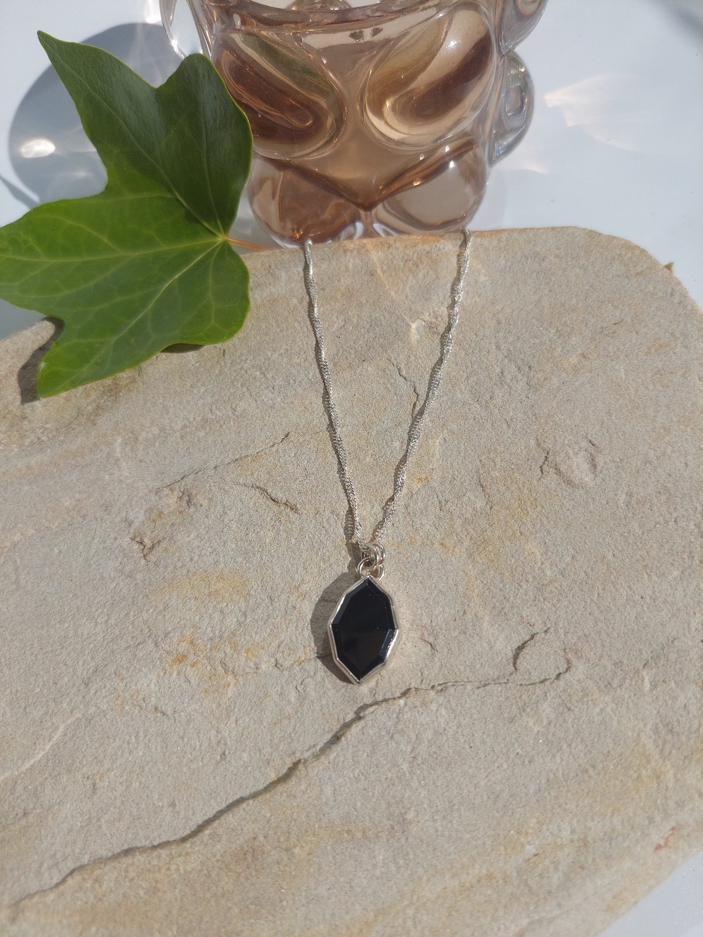 Black Spinel and Silver Geometric Pendant