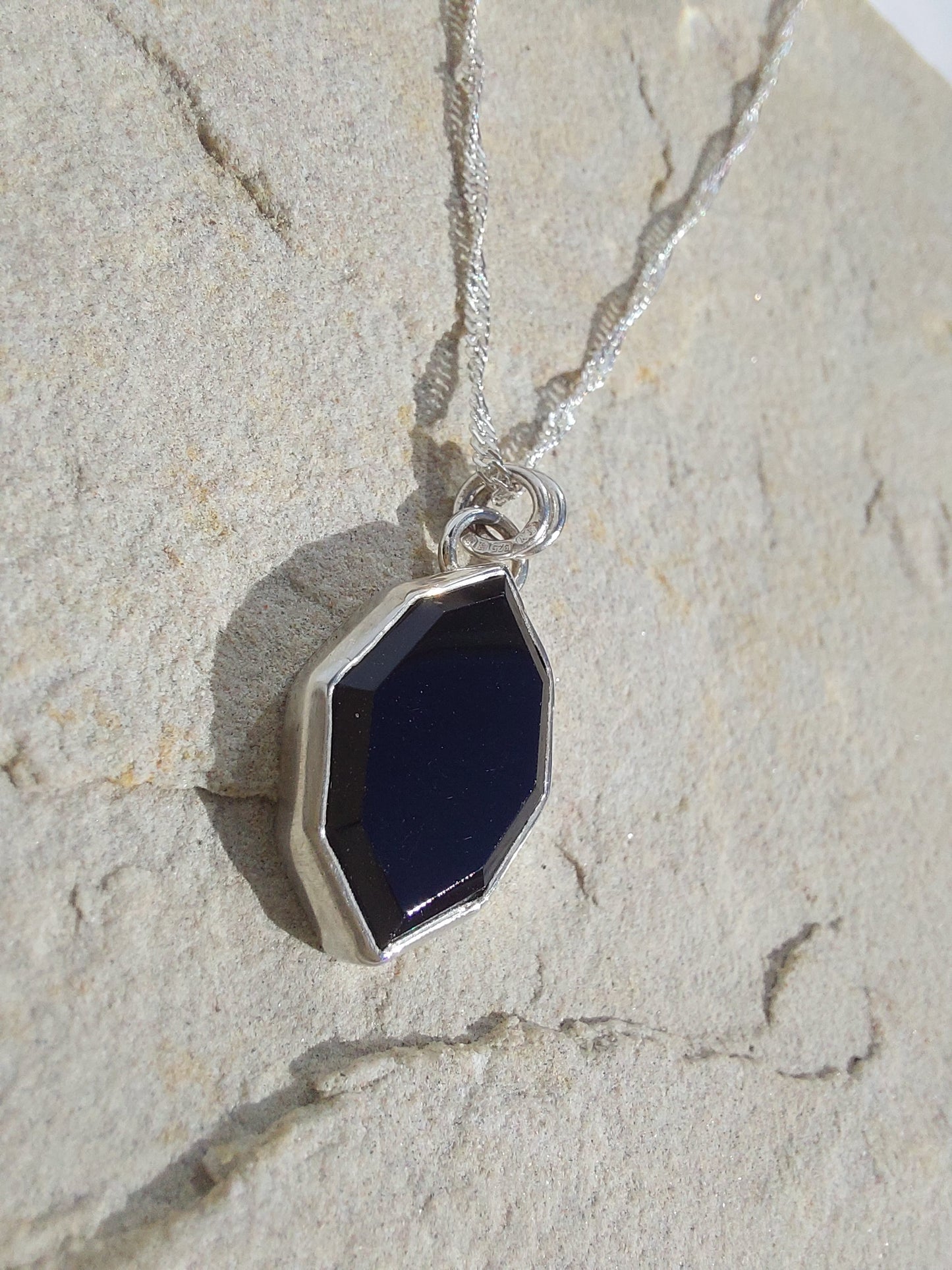 Black Spinel and Silver Geometric Pendant