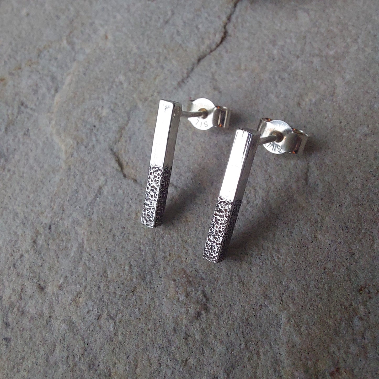 Glitter Texture Drop Bar Sterling Silver Stud Earrings