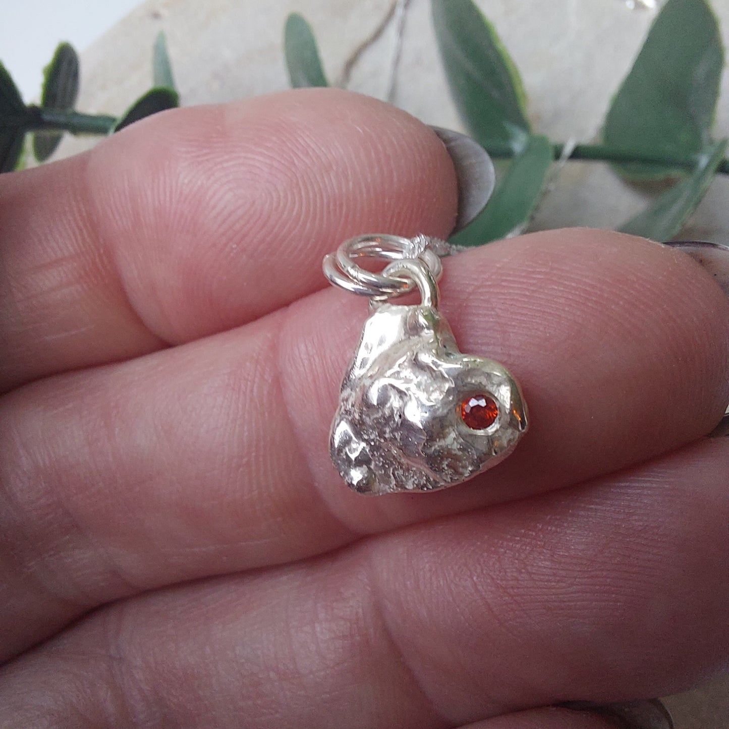 'Melt My Heart' - Molten Sterling Silver Little Heart Pendant with a Red CZ Sparkle
