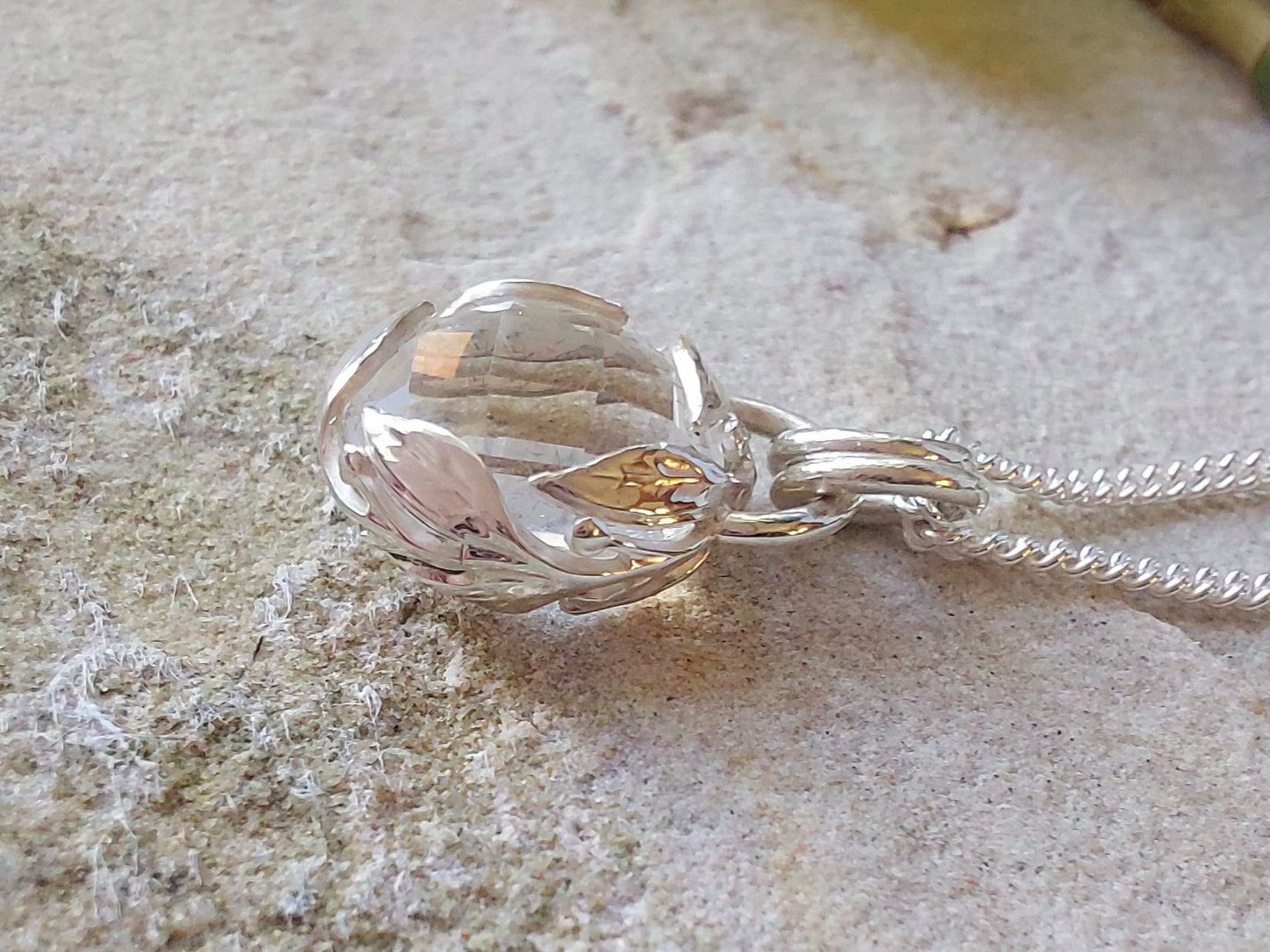 Sterling Silver Leaf and Clear Quartz Pendant