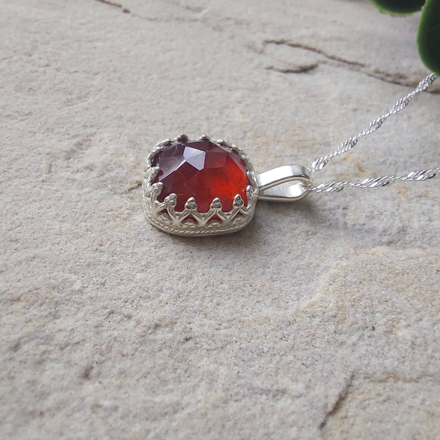 Fancy Square Cut Garnet Sterling Silver Pendant – Red Gemstone Necklace