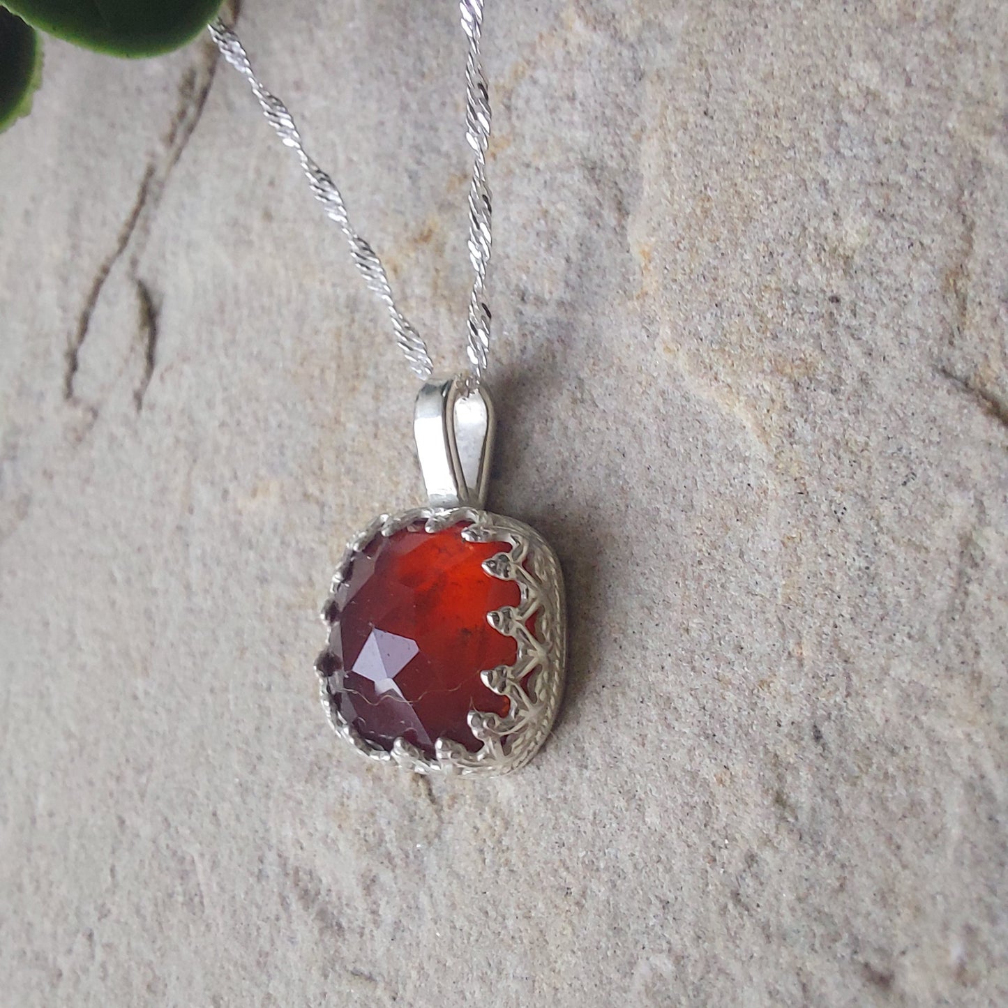 Fancy Square Cut Garnet Sterling Silver Pendant – Red Gemstone Necklace