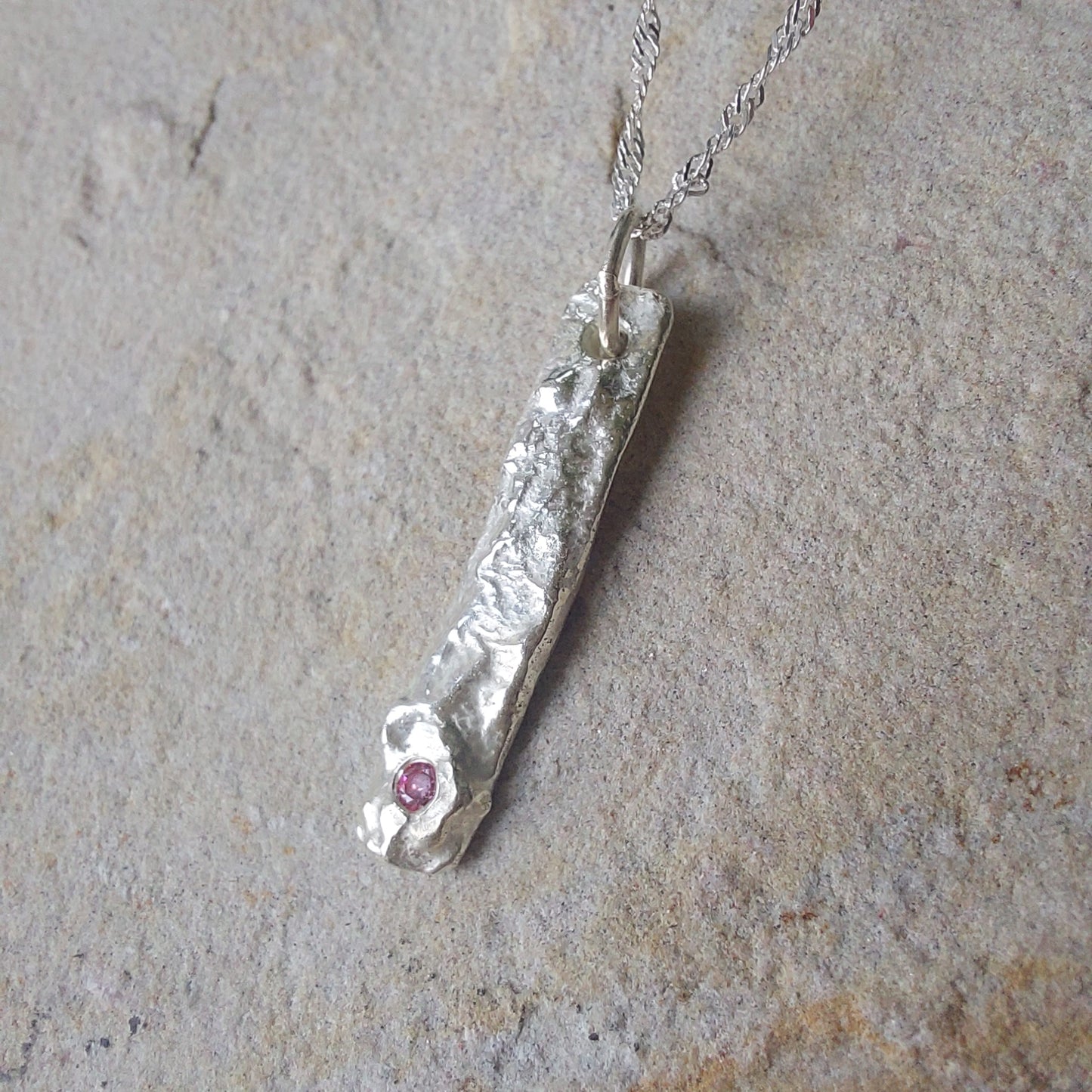 Molten Sterling Silver Drop Bar Pendant with CZ Accent