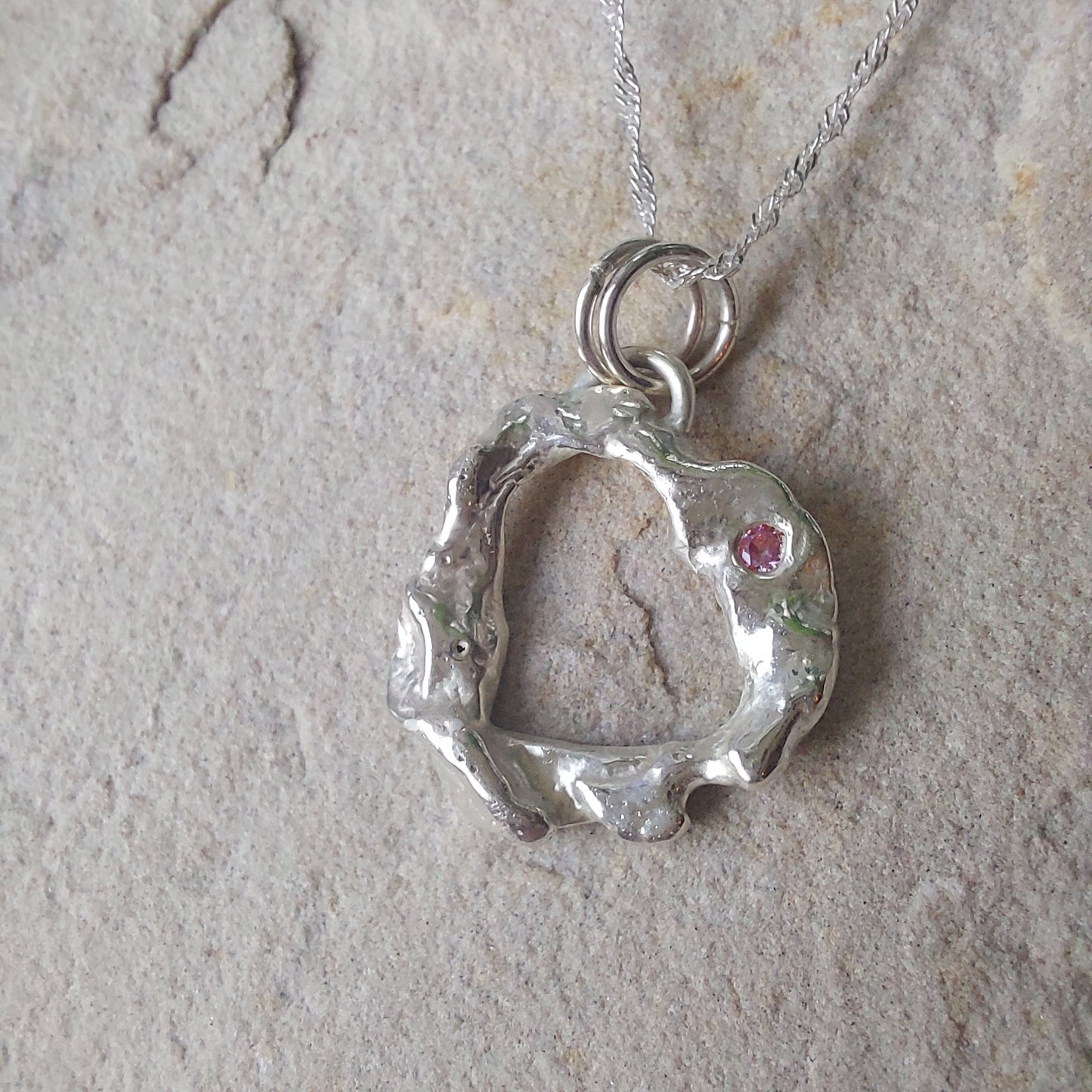'Melt My Heart' - Molten Sterling Silver Heart Pendant with a Pink CZ Sparkle