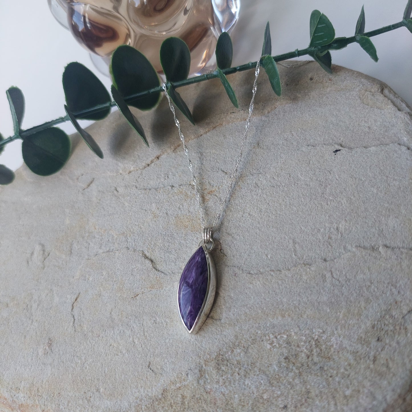 Unusual Purple Charoite Crystal and Sterling Silver Marquise Shaped Pendant.