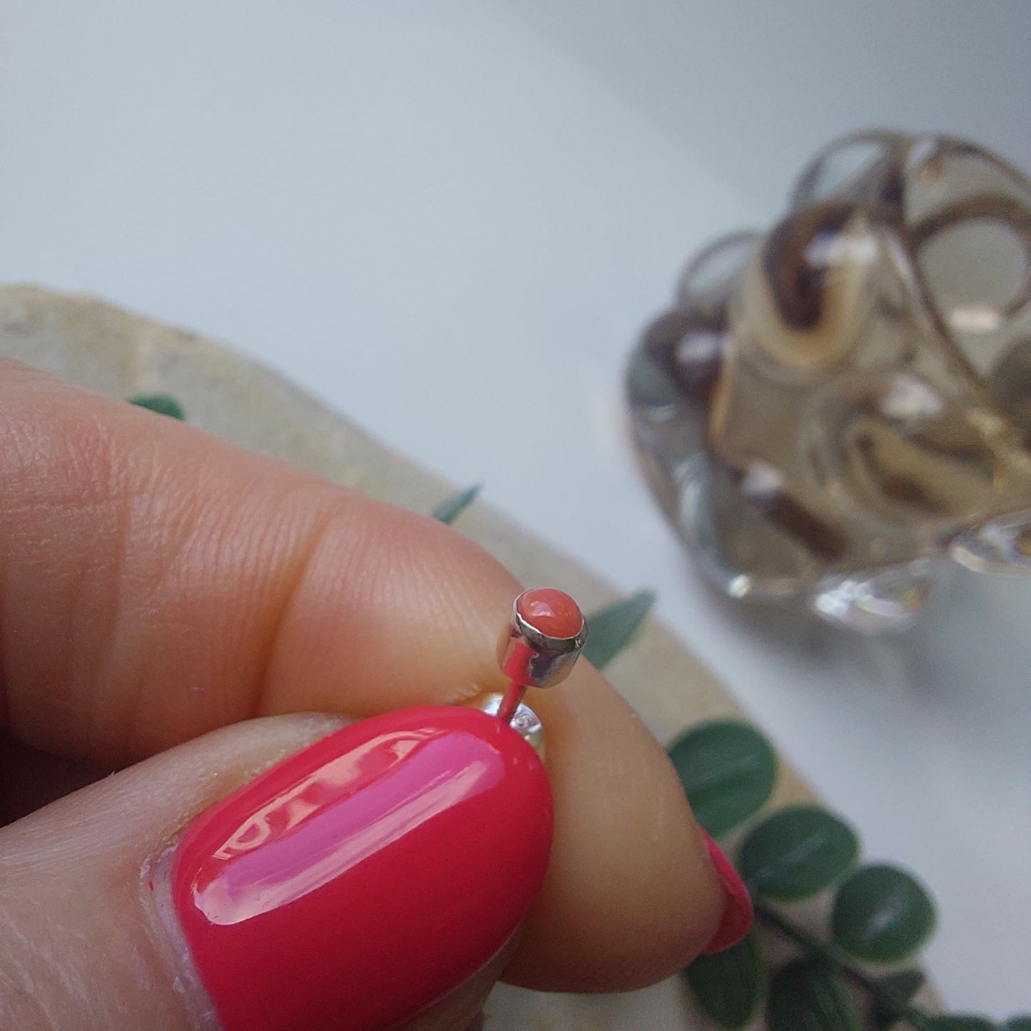 Genuine Coral and Silver Stud Earrings