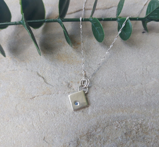 Contemporary Blue CZ and Silver Diamond Shaped Pendant