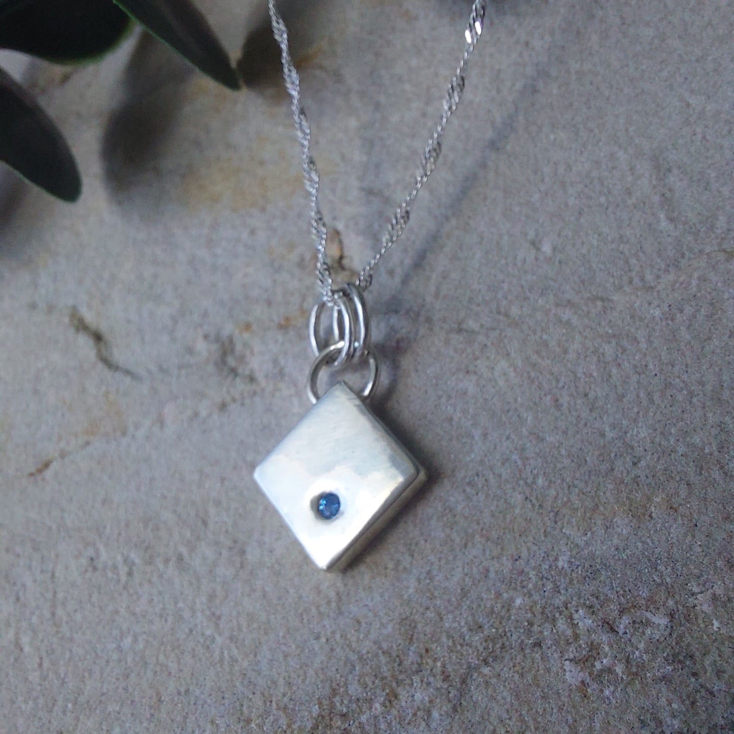 Contemporary Blue CZ and Silver Diamond Shaped Pendant