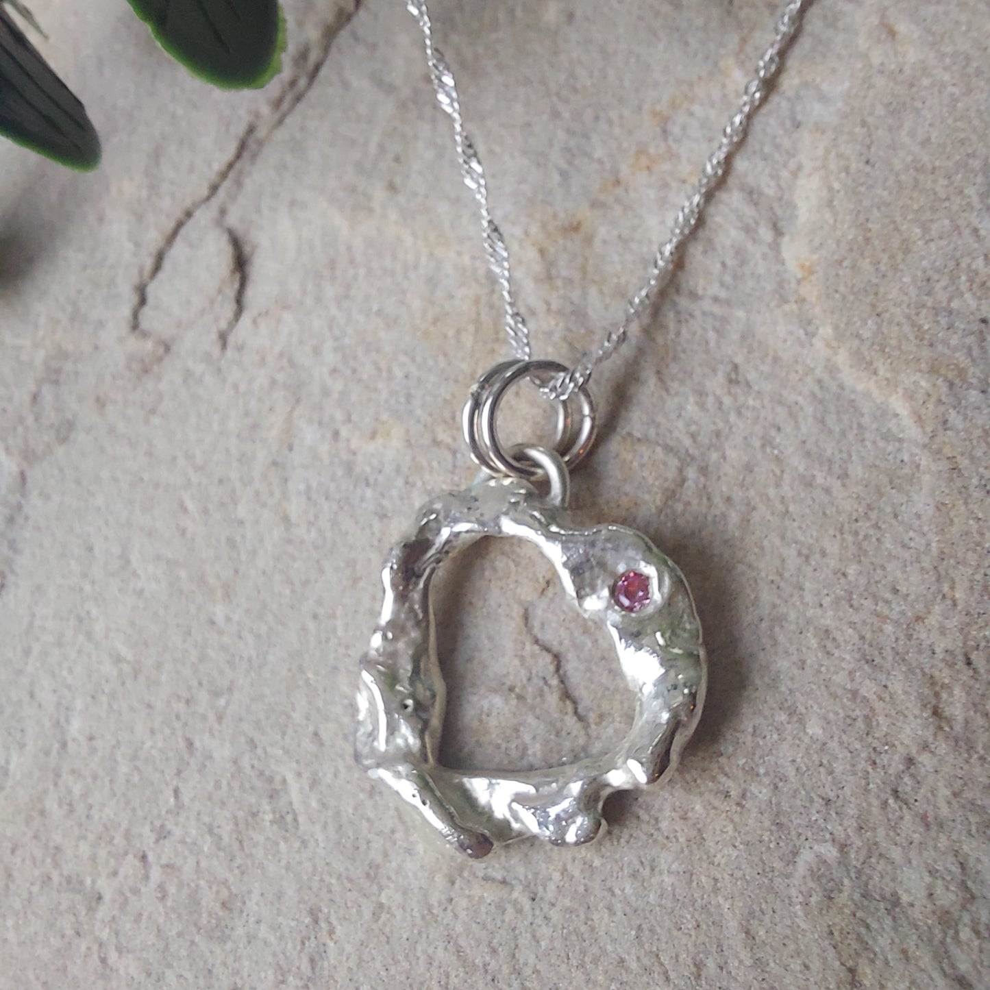 'Melt My Heart' - Molten Sterling Silver Heart Pendant with a Pink CZ Sparkle