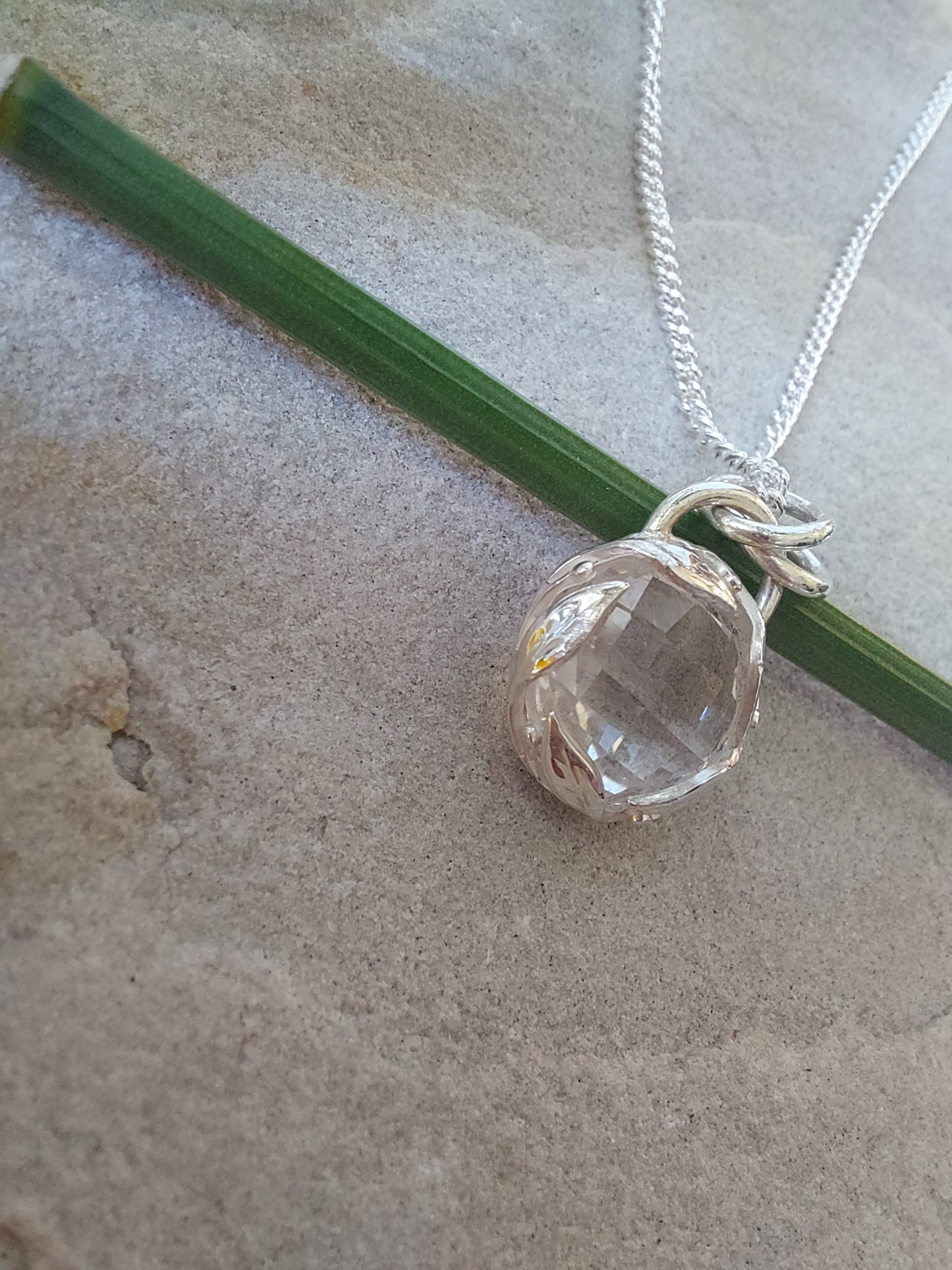 Sterling Silver Leaf and Clear Quartz Pendant