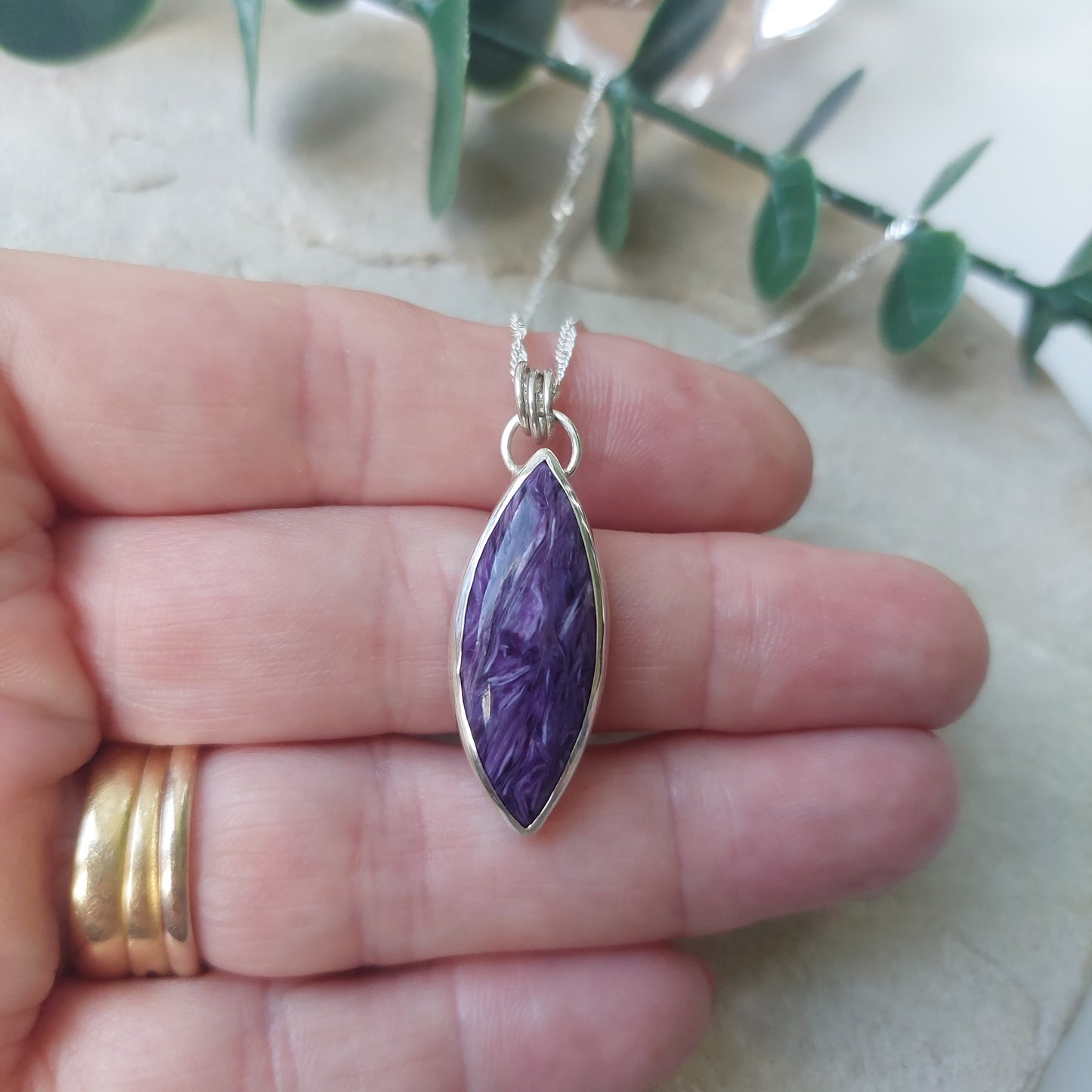 Unusual Purple Charoite Crystal and Sterling Silver Marquise Shaped Pendant.