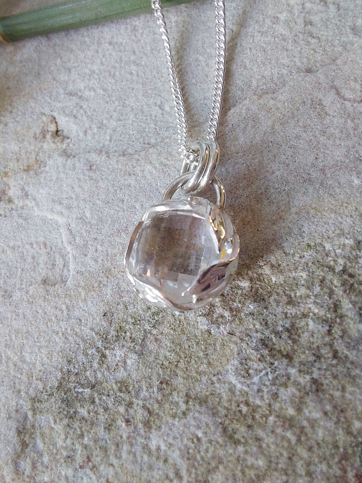 Sterling Silver Leaf and Clear Quartz Pendant