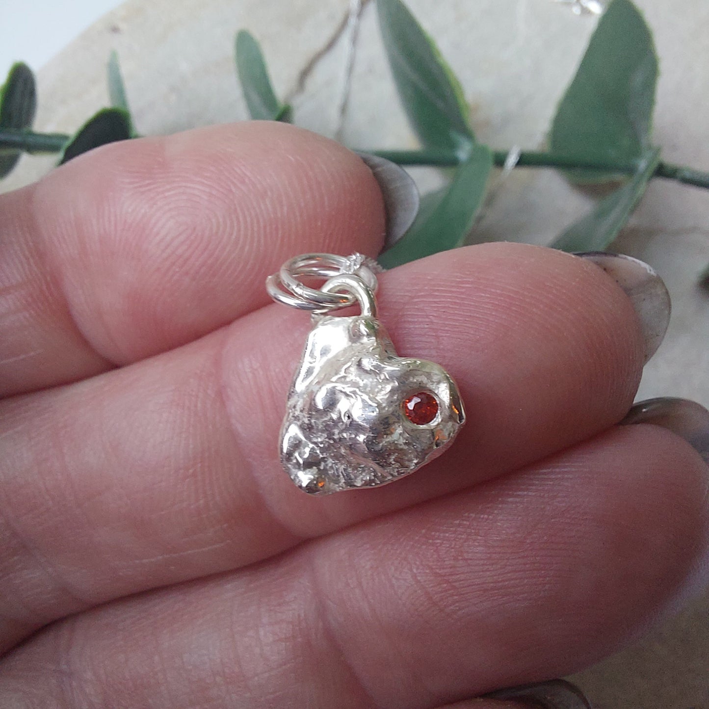 'Melt My Heart' - Molten Sterling Silver Little Heart Pendant with a Red CZ Sparkle