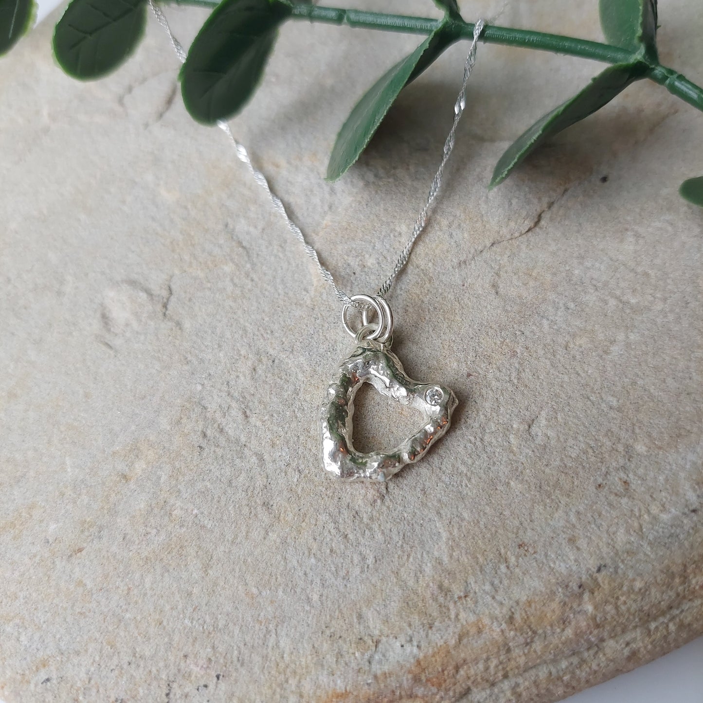 'Melt My Heart' - Molten Sterling Silver Heart Pendant with a Clear CZ Sparkle
