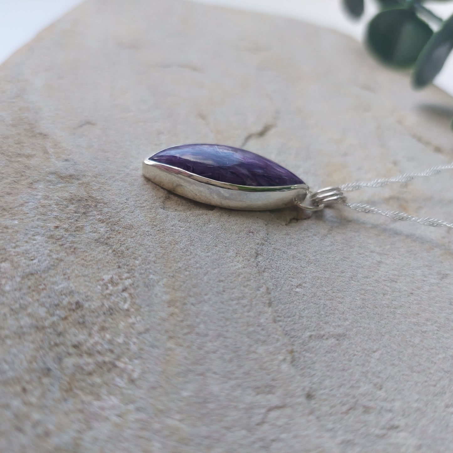 Unusual Purple Charoite Crystal and Sterling Silver Marquise Shaped Pendant.