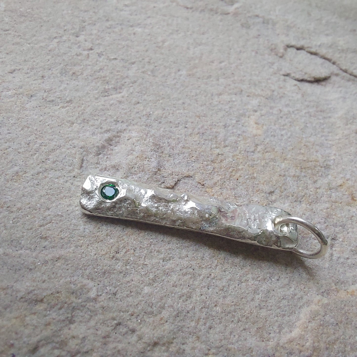 Molten Sterling Silver Drop Bar Pendant with CZ Accent