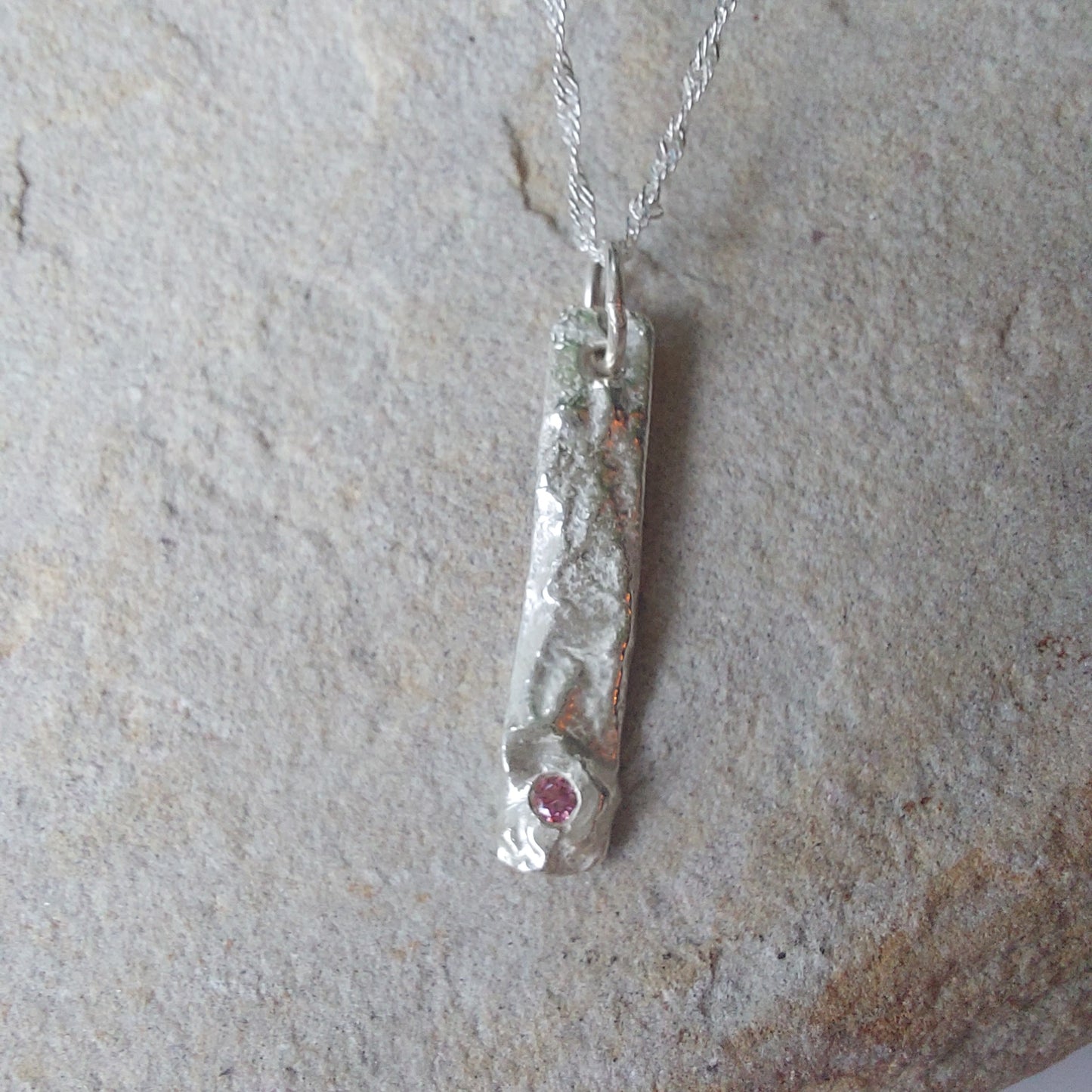 Molten Sterling Silver Drop Bar Pendant with CZ Accent
