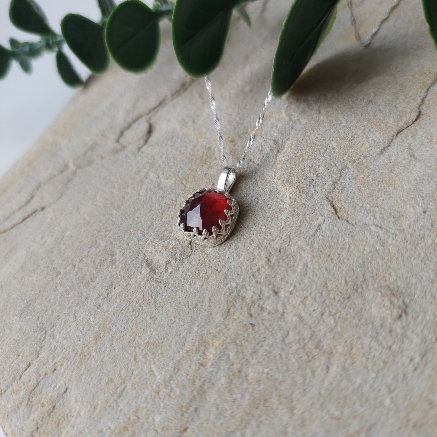 Fancy Square Cut Garnet Sterling Silver Pendant – Red Gemstone Necklace