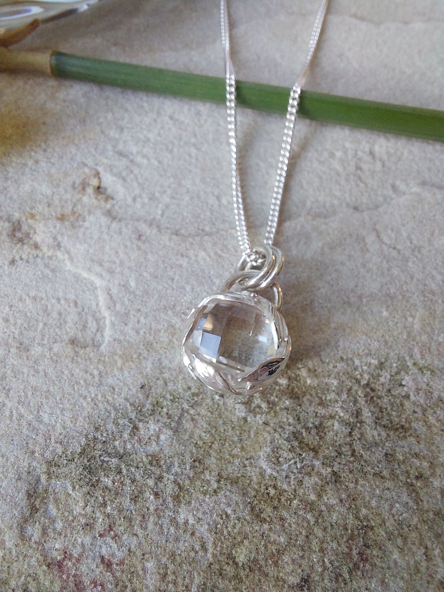 Sterling Silver Leaf and Clear Quartz Pendant