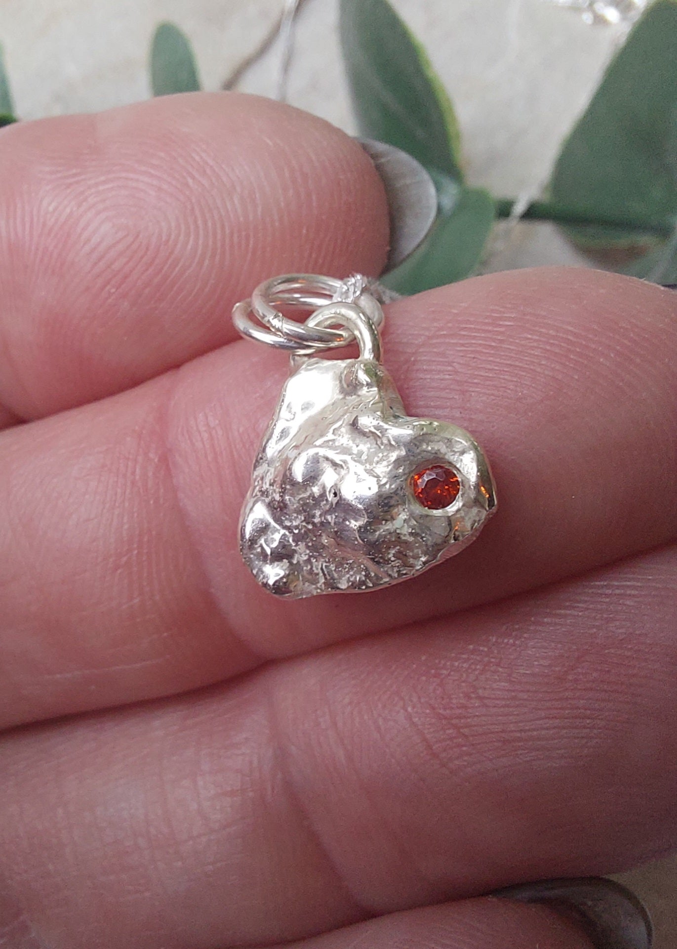'Melt My Heart' - Molten Sterling Silver Little Heart Pendant with a Red CZ Sparkle