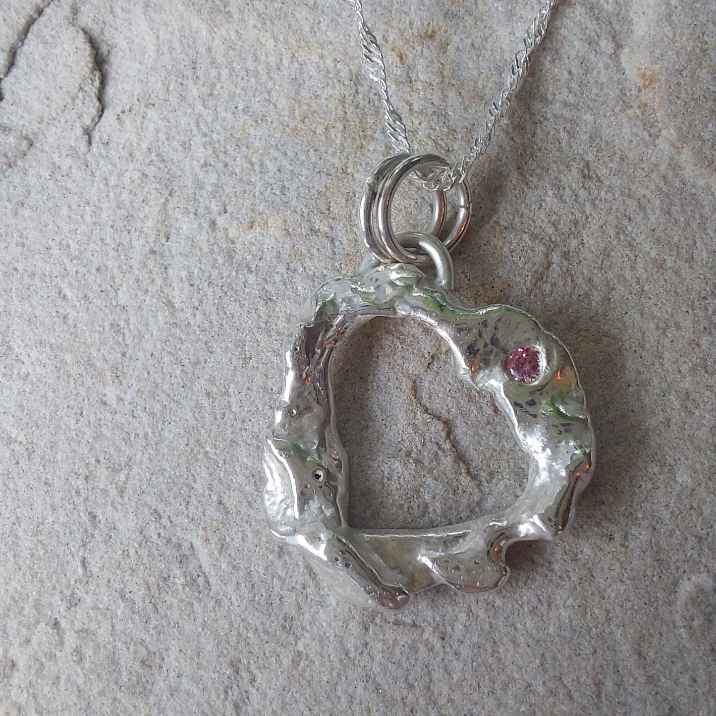 'Melt My Heart' - Molten Sterling Silver Heart Pendant with a Pink CZ Sparkle