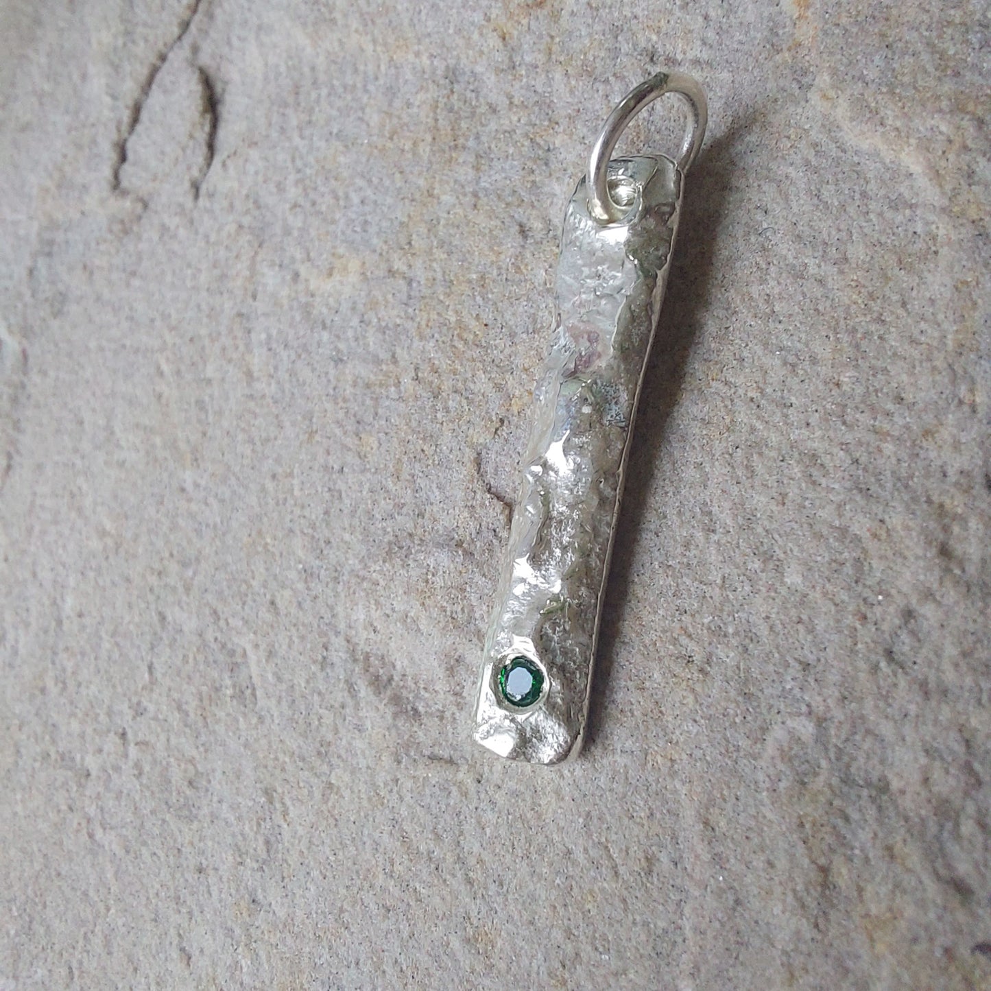 Molten Sterling Silver Drop Bar Pendant with CZ Accent