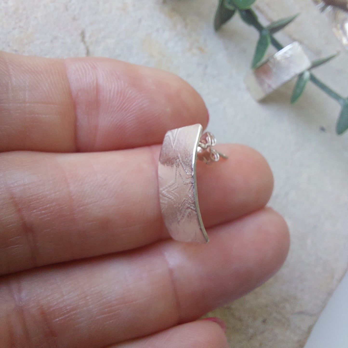 Oblong Star Textured Silver Earrings