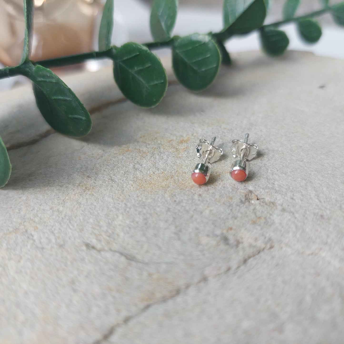 Genuine Coral and Silver Stud Earrings