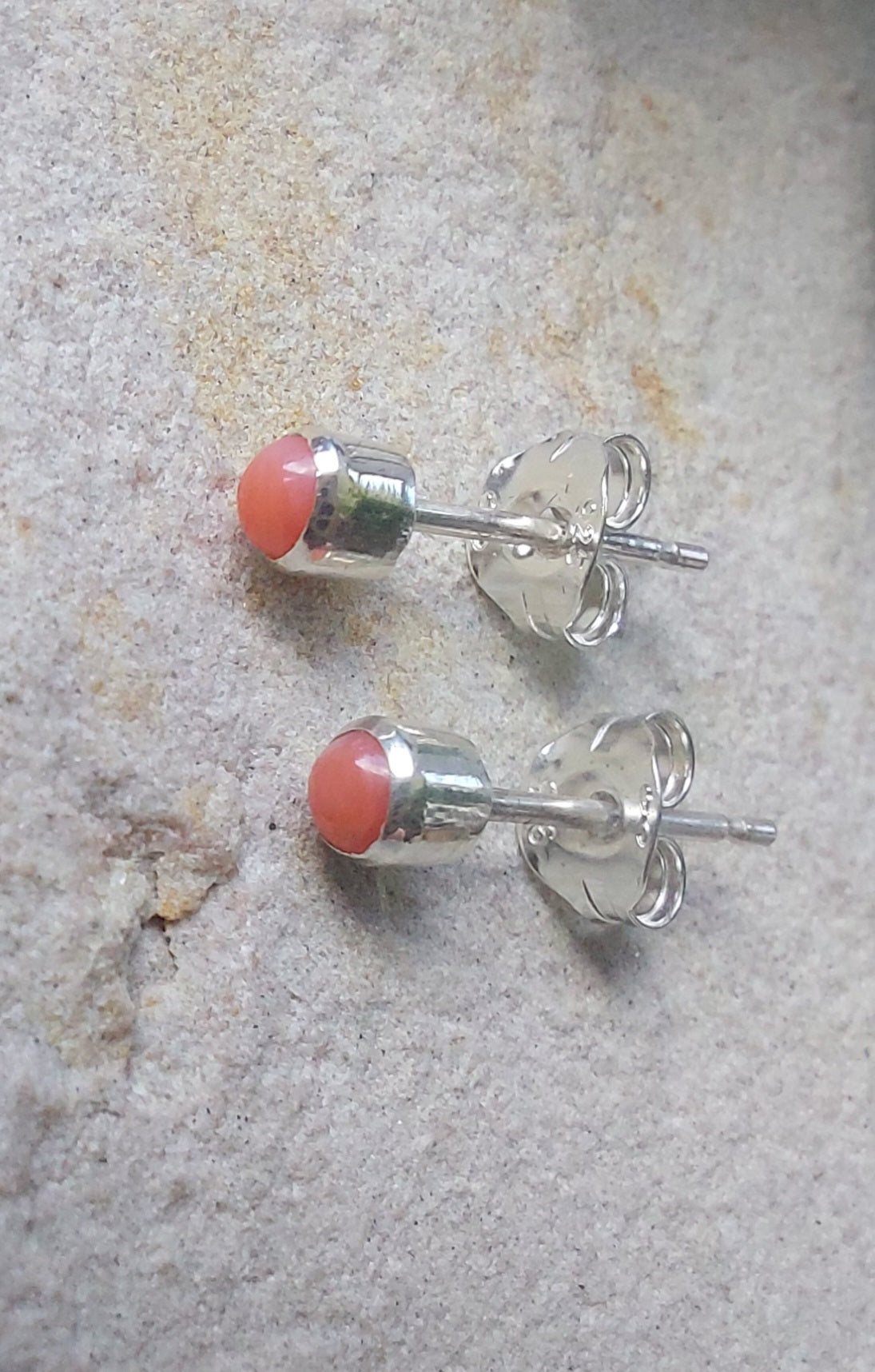 Genuine Coral and Silver Stud Earrings