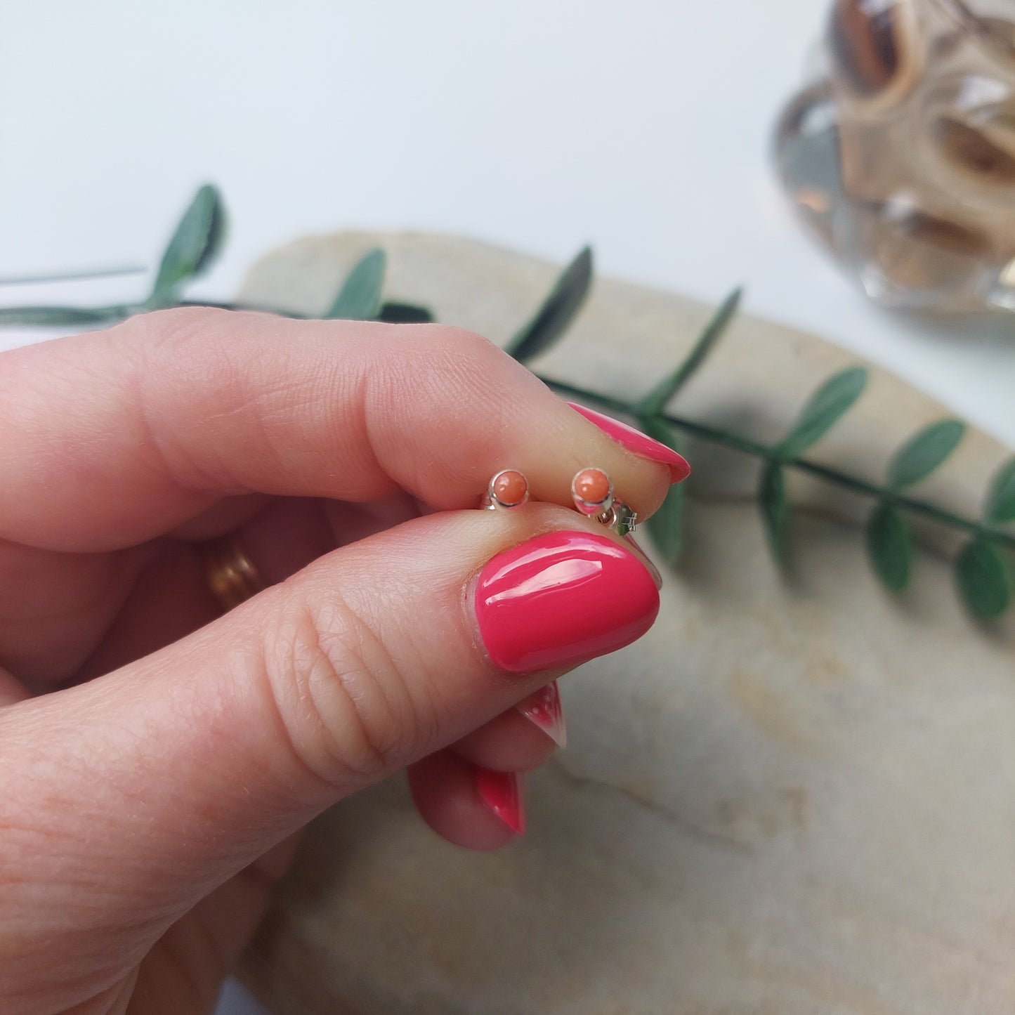 Genuine Coral and Silver Stud Earrings